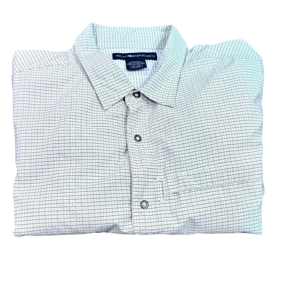 EXOFFICIO WHITE WITH BLUE & YELLOW PLAID LONG SLEEVE VENTED FISHING SHIRT